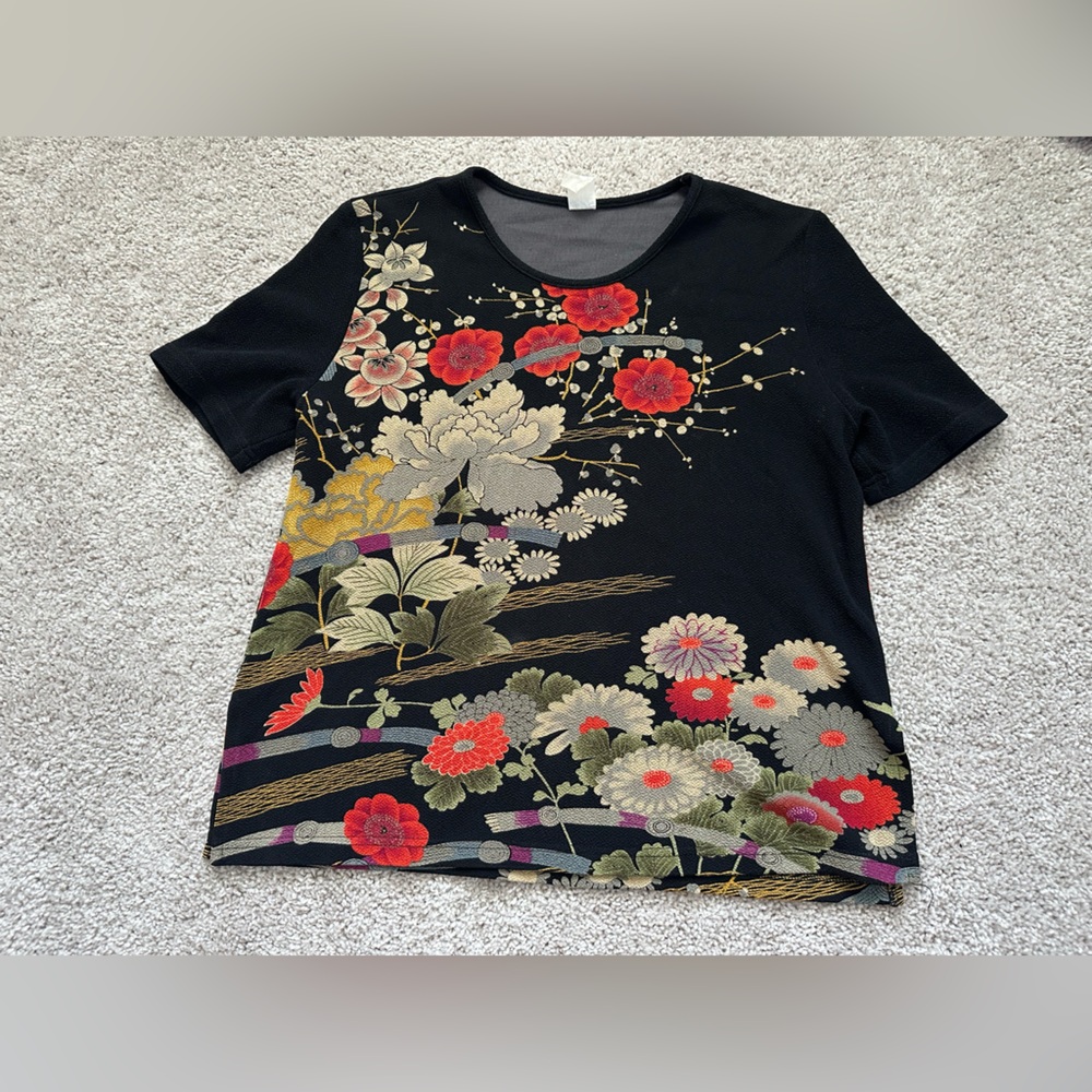 Vintage floral blouse, black and red, medium